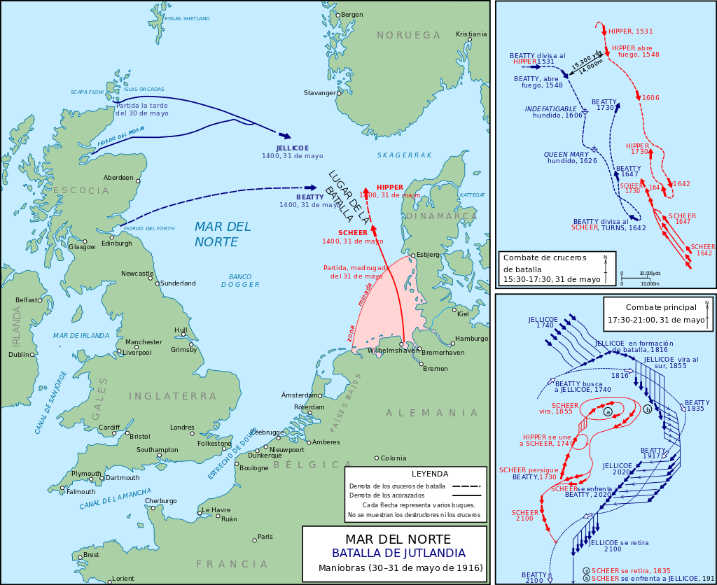 Mapa de la batalla de Jutlandia (1916). Fuente: Wikipedia.