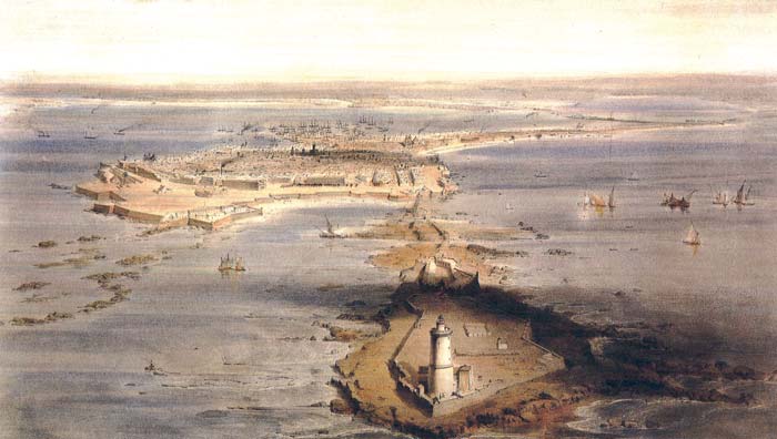 Grabado de La Caleta de Cádiz. Destaca en primer lugar el Castillo de San Sebastián , donde se ubicaba el citado faro.