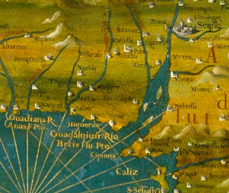 Desembocadura Guadalquivir. Mapa de España de Stefano Buonsignori, Palacio Vecchio Italia.