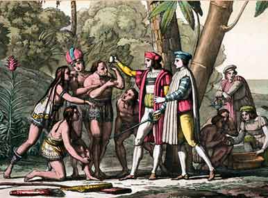 Exploradores españoles junto a los mayas.