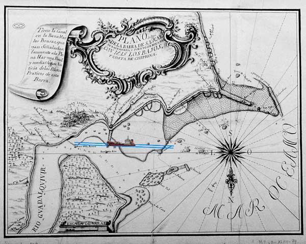 Foto nº 5. Plano de la Barra de Sanlúcar‐ inicio del XVIII‐, con sobreimpresión de la canal actual y lugar de la varada.