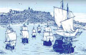 Flota saliendo de la barra sanluqueña, siglo XVI, (composición artística)