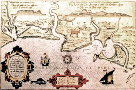  Grabado de la costa de Andalucía, Golfo de Cadiz en 1591.