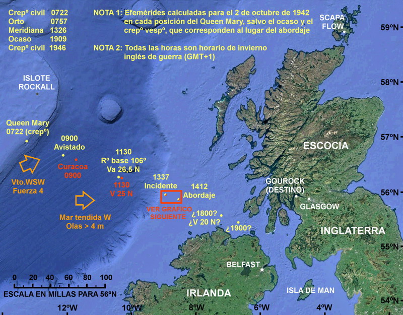 Derrota más probable del “Queen Mary” entre el amanecer del 2 de octubre y el avistamiento de la costa inglesa, con la trayectoria centrada en la situación del abordaje