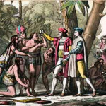 Exploradores españoles junto a los mayas.