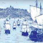 Flota saliendo de la barra sanluqueña, siglo XVI, (composición artística).
